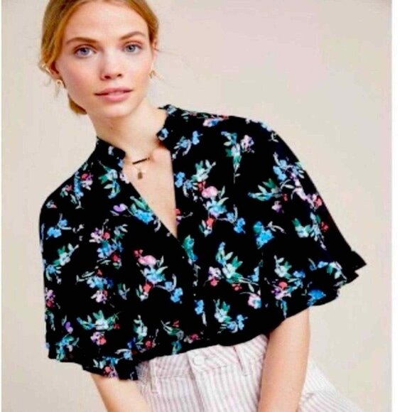 Anthropologie Maeve Aveiro Women's Black Floral Flutter Sleeve Top Size Large - Picture 1 of 10
